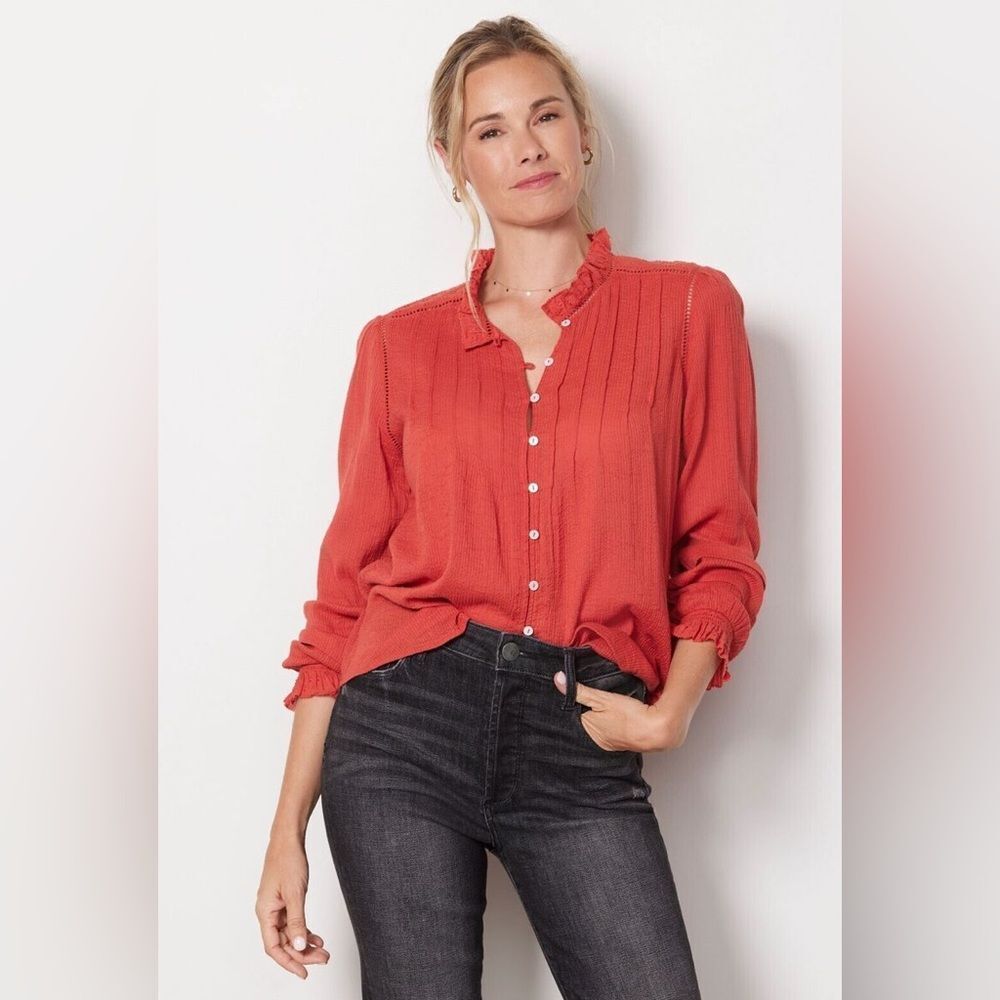 Faherty Willa Top Women's Cotton Peasant Blouse Carmine Coral size Small